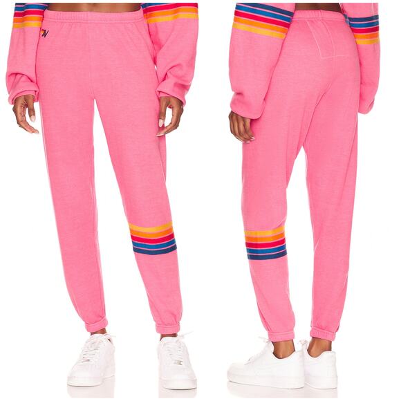 Aviator Nation Rainbow Banded Stitch Sweatpants Size Medium Paris Pink Relaxed - Picture 1 of 7